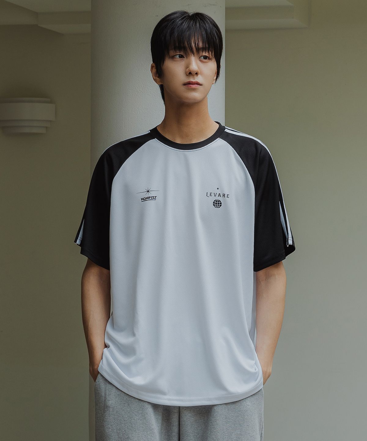 앨빈클로(ALVINCLO) [메쉬]매니페스트 래글런 배색 트랙 오버핏 반팔티 AST4804 (4 COLOR)