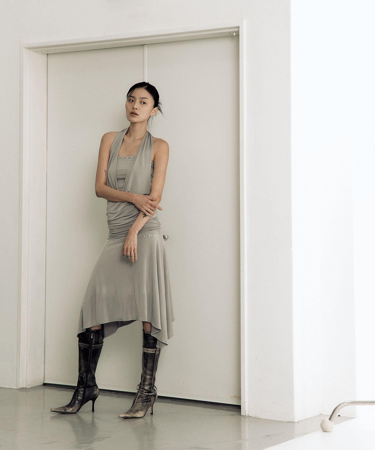 MUSINSA | KASHIKO Stud Drape Flare Skirt Warm Gray
