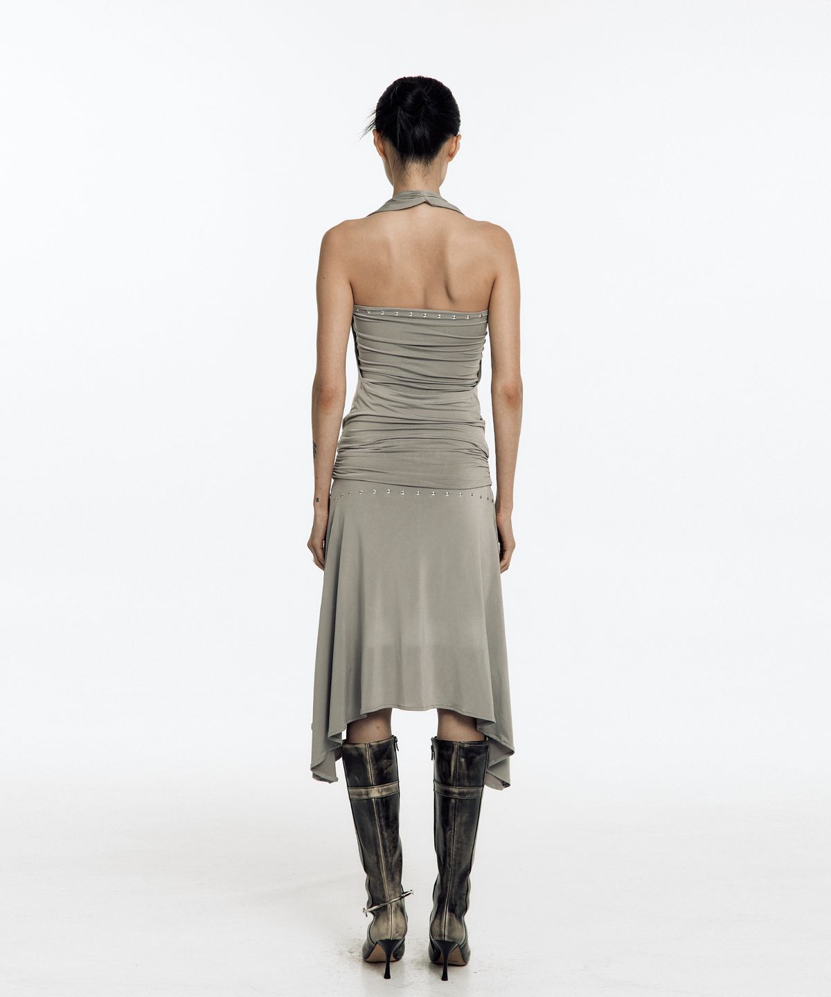 카시코(KASHIKO) Stud Drape Flare Skirt Warm Gray