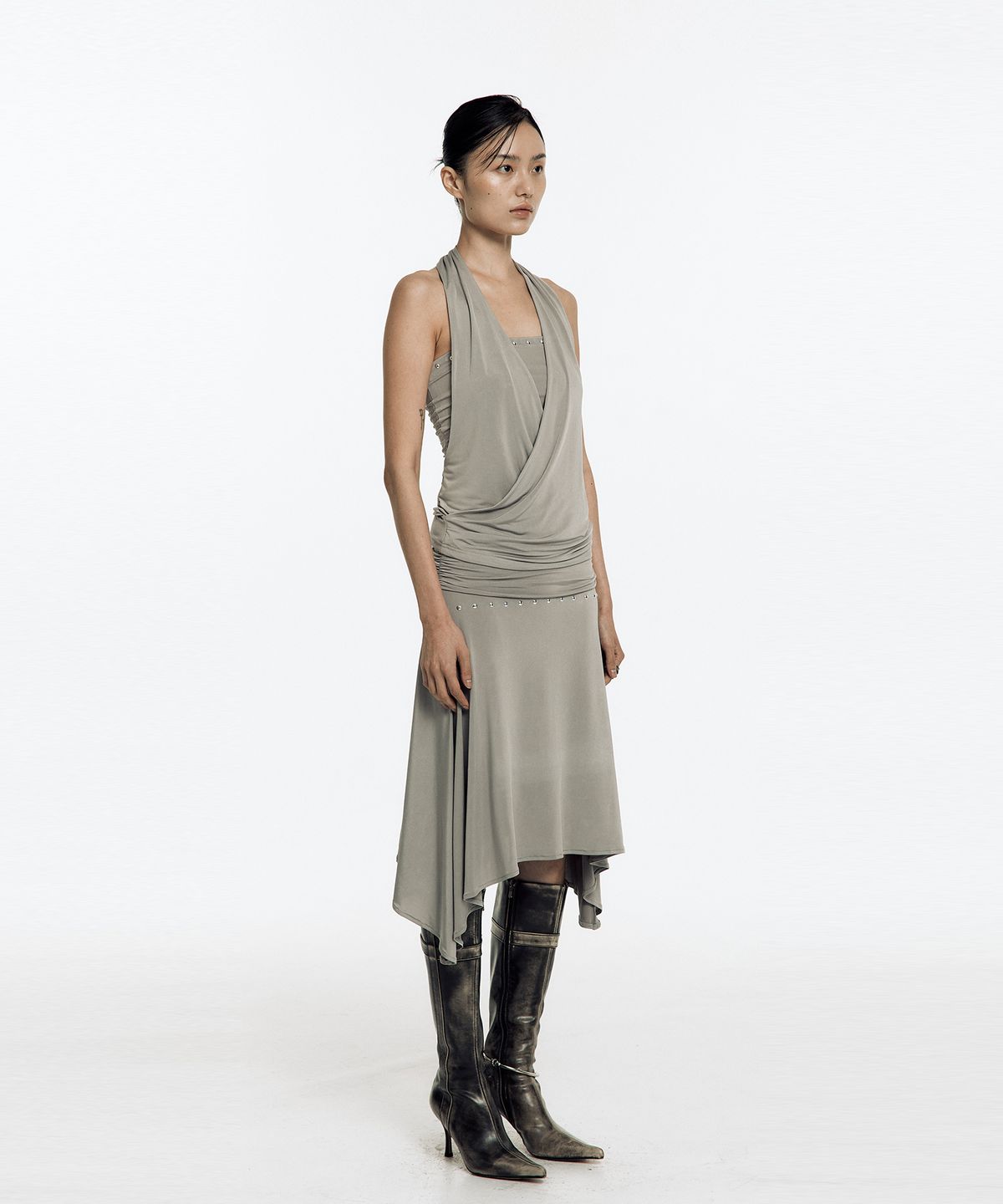 카시코(KASHIKO) Stud Drape Flare Skirt Warm Gray