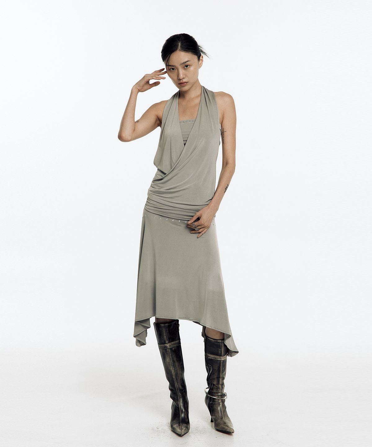 카시코(KASHIKO) Stud Drape Flare Skirt Warm Gray