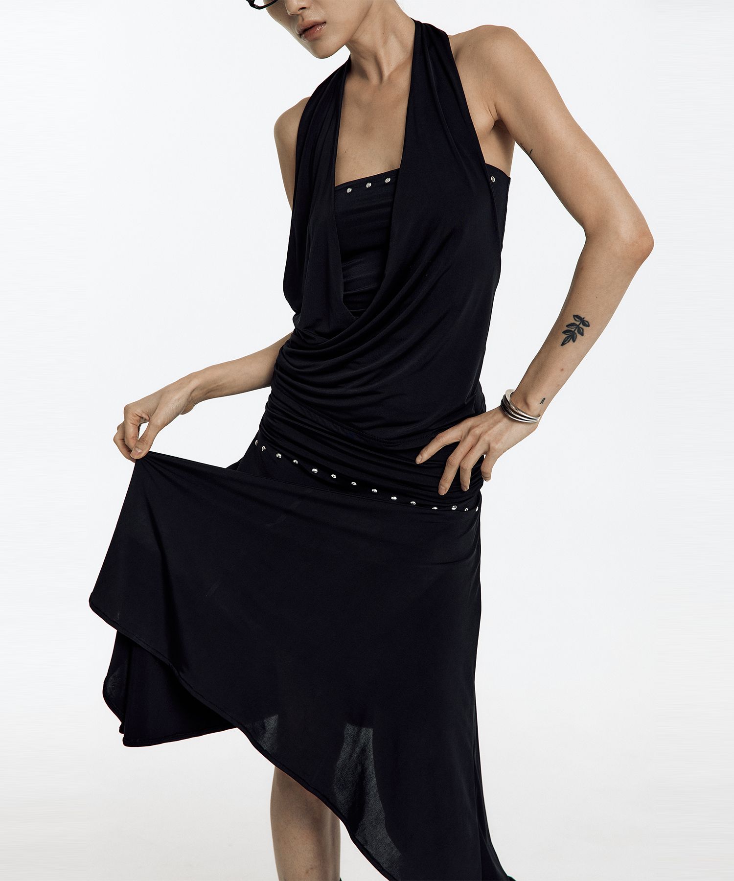 MUSINSA | KASHIKO Stud Drape Flare Skirt Black