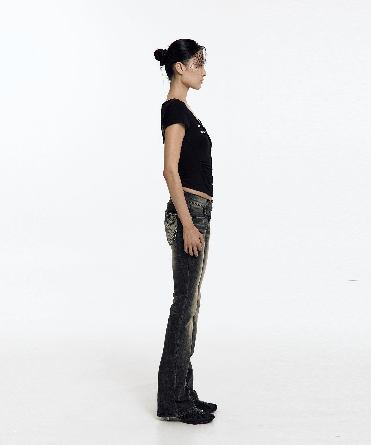 MUSINSA | KASHIKO Zen Button Henley Neck Top Black