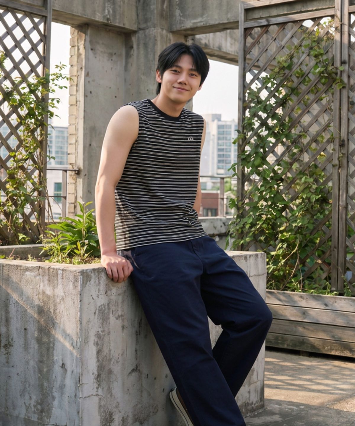 피스메이커(PIECE MAKER) STRIPE WAFFLE SLEEVELESS TOP (BLACK)