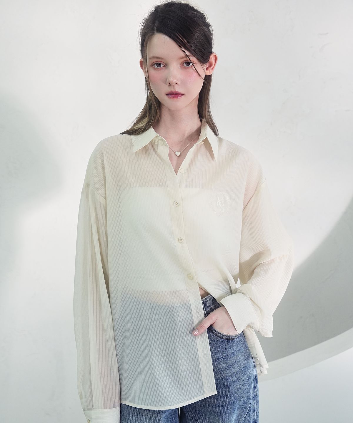 비바셔스(VIVACIOUS) Sillage See-Through Stripe Shirt PINK