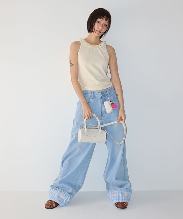 ★RONRON★ PATCH ROLL UP DENIM PANTS BLUE CHECK MUSINSA | RONRON PATCH ROLL UP DENIM PANTS LIGHT BLUE CHECK