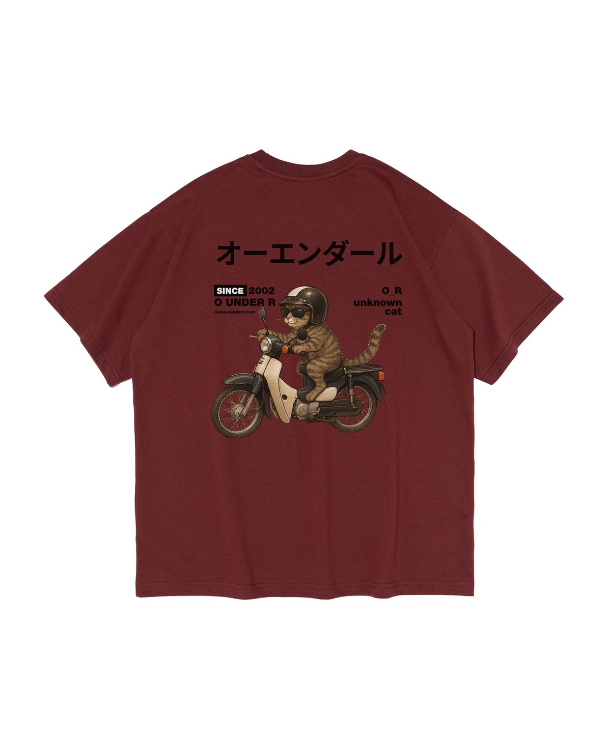 오언더알(OUNDERR) RIDING BIKE CAT 오버핏 반팔 티셔츠 (와인)