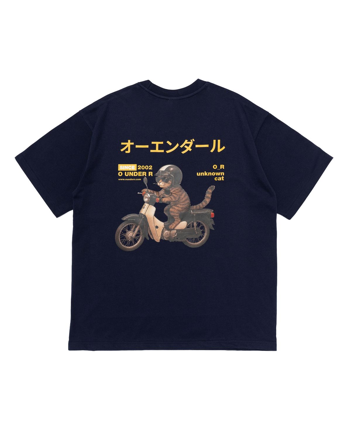 오언더알(OUNDERR) RIDING BIKE CAT 오버핏 반팔 티셔츠 (네이비)