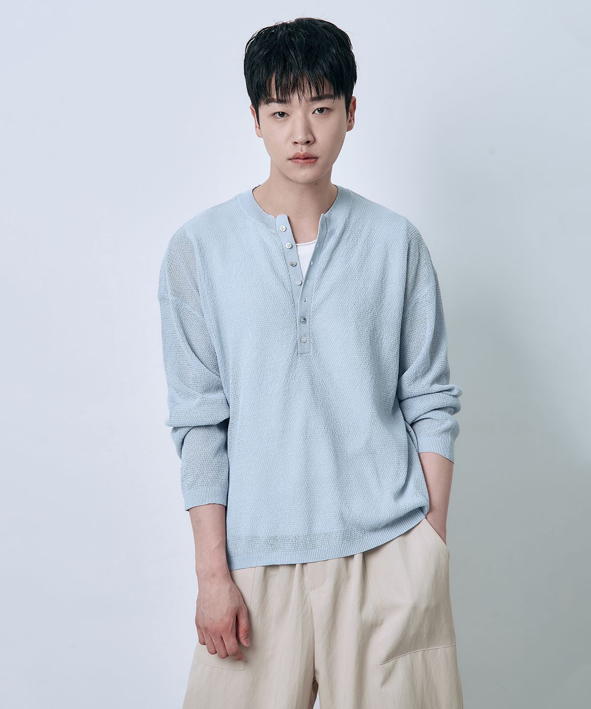 오우사(OWSA) 린넨 블렌드 헨리넥 니트 4color