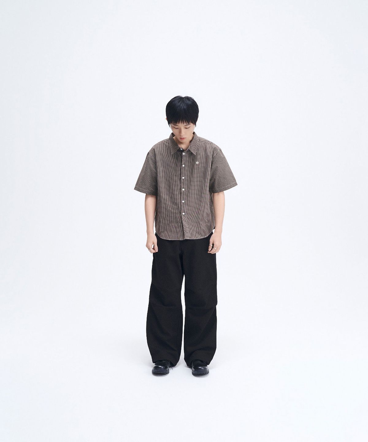 슬로우 레코드 하우스(SLOW RECORD HOUSE) 로고 체크 반팔 셔츠_브라운