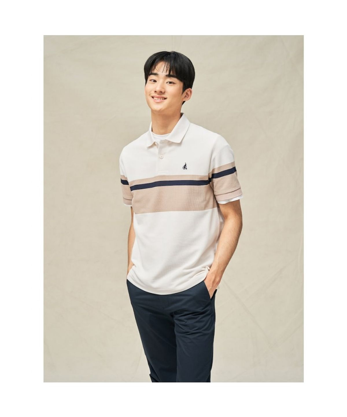 빈폴 멘(BEANPOLE MEN) 컬러블럭 칼라넥 반소매 티셔츠  아이보리
