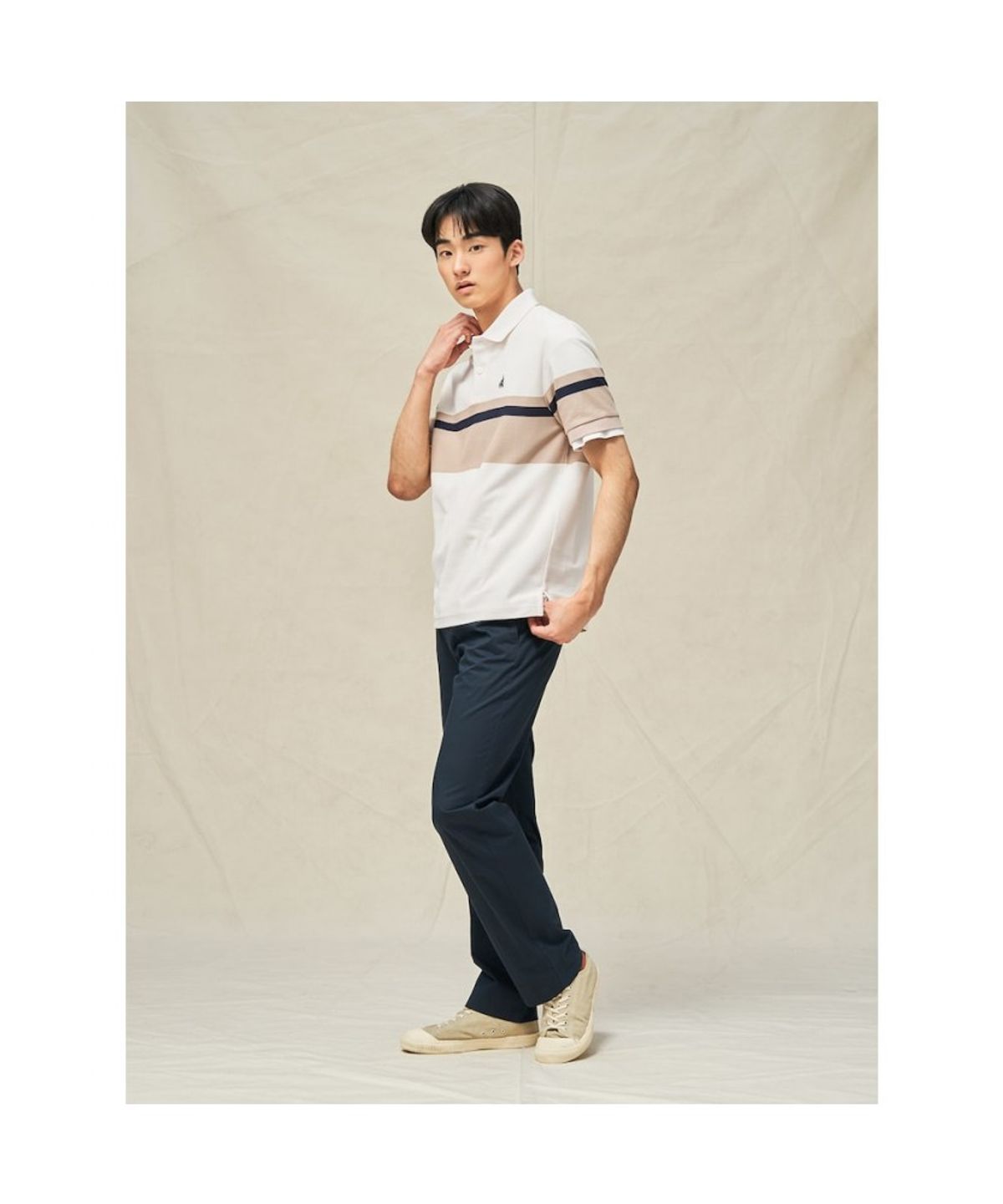 빈폴 멘(BEANPOLE MEN) 컬러블럭 칼라넥 반소매 티셔츠  아이보리