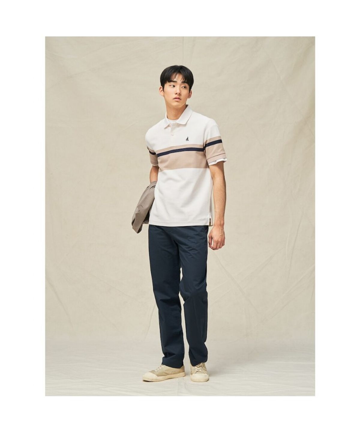 빈폴 멘(BEANPOLE MEN) 컬러블럭 칼라넥 반소매 티셔츠  아이보리