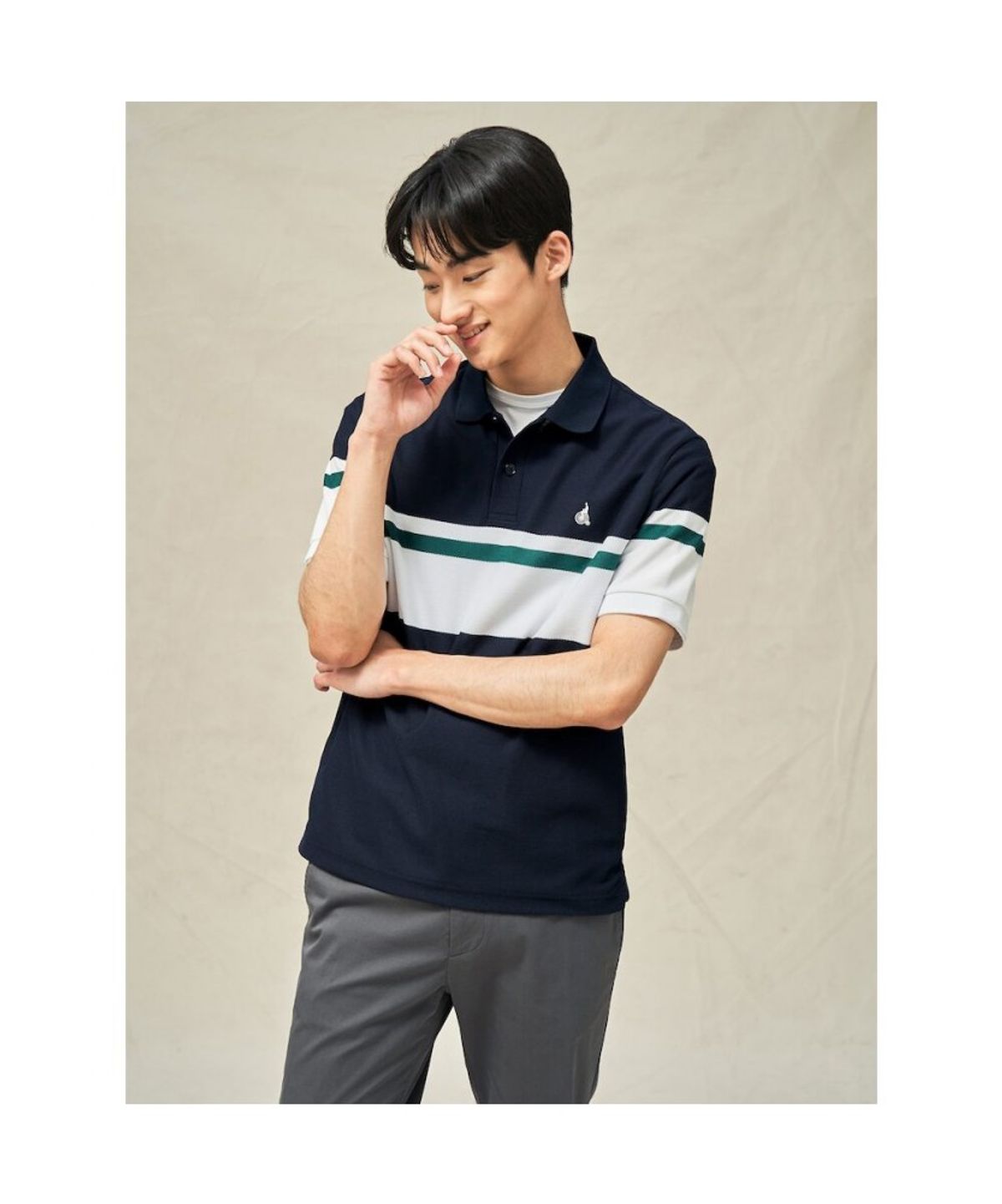 빈폴 멘(BEANPOLE MEN) 컬러블럭 칼라넥 반소매 티셔츠  네이비