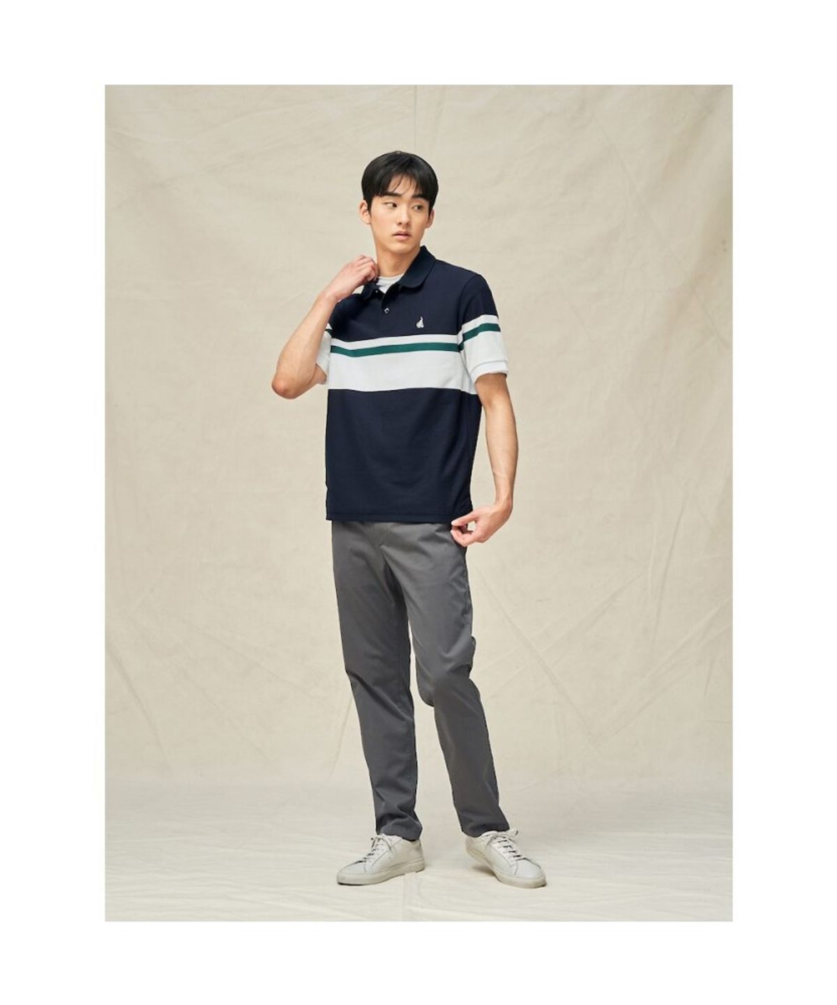 빈폴 멘(BEANPOLE MEN) 컬러블럭 칼라넥 반소매 티셔츠  네이비