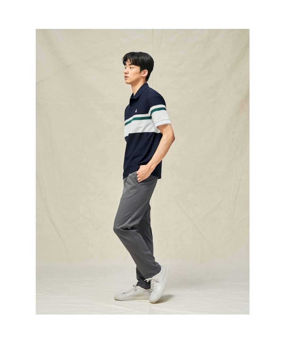 빈폴 멘(BEANPOLE MEN) 컬러블럭 칼라넥 반소매 티셔츠  네이비