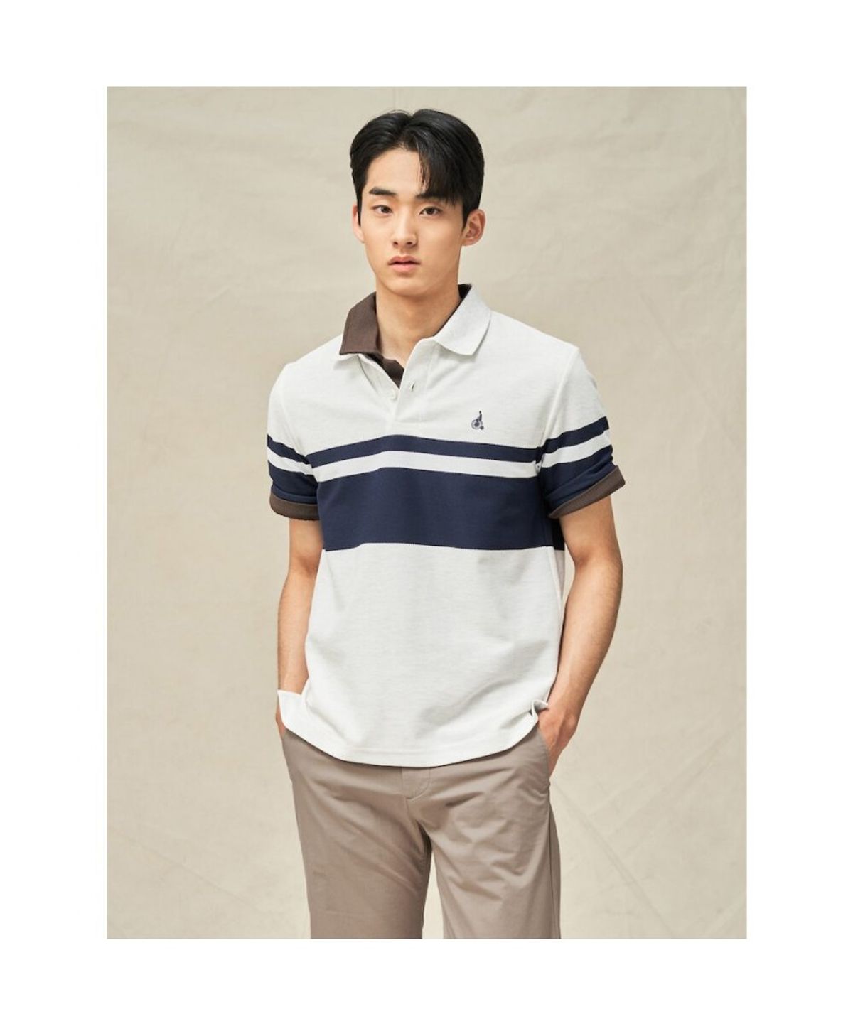 빈폴 멘(BEANPOLE MEN) 컬러블럭 칼라넥 반소매 티셔츠  라이트 그레이