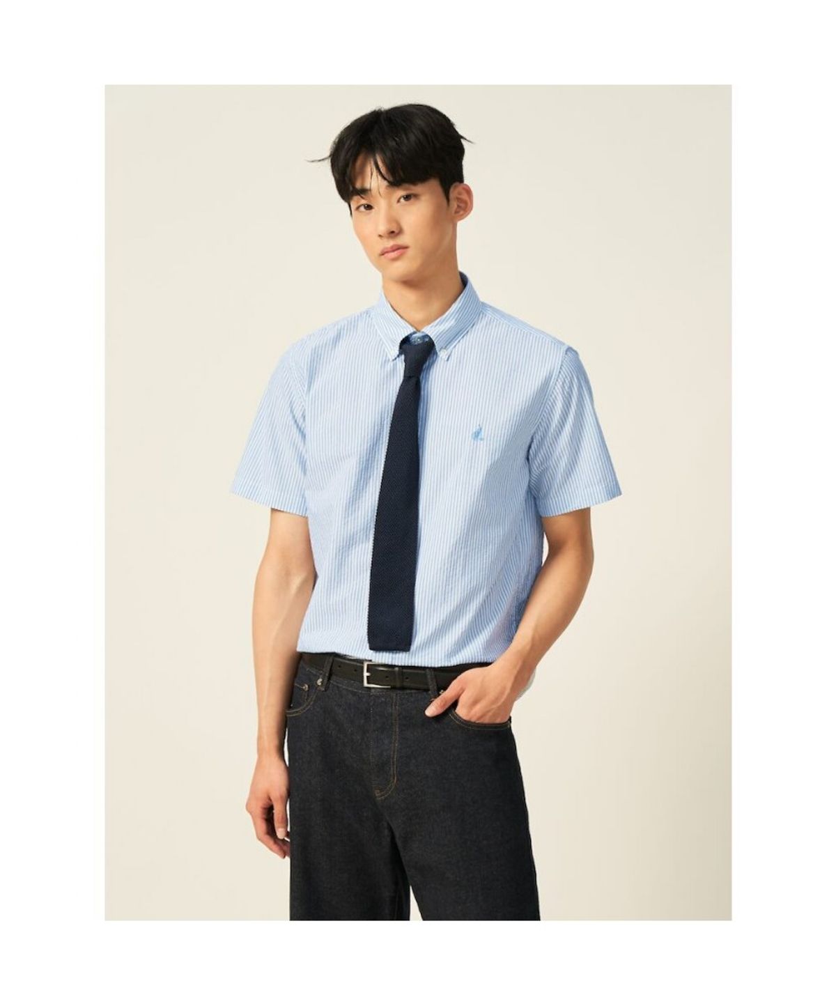 빈폴 멘(BEANPOLE MEN) 시어서커 스트라이프 반소매 셔츠  스카이 블루