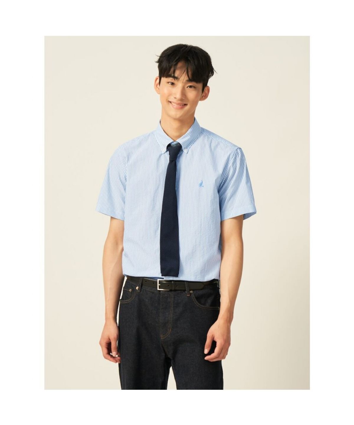 빈폴 멘(BEANPOLE MEN) 시어서커 스트라이프 반소매 셔츠  스카이 블루