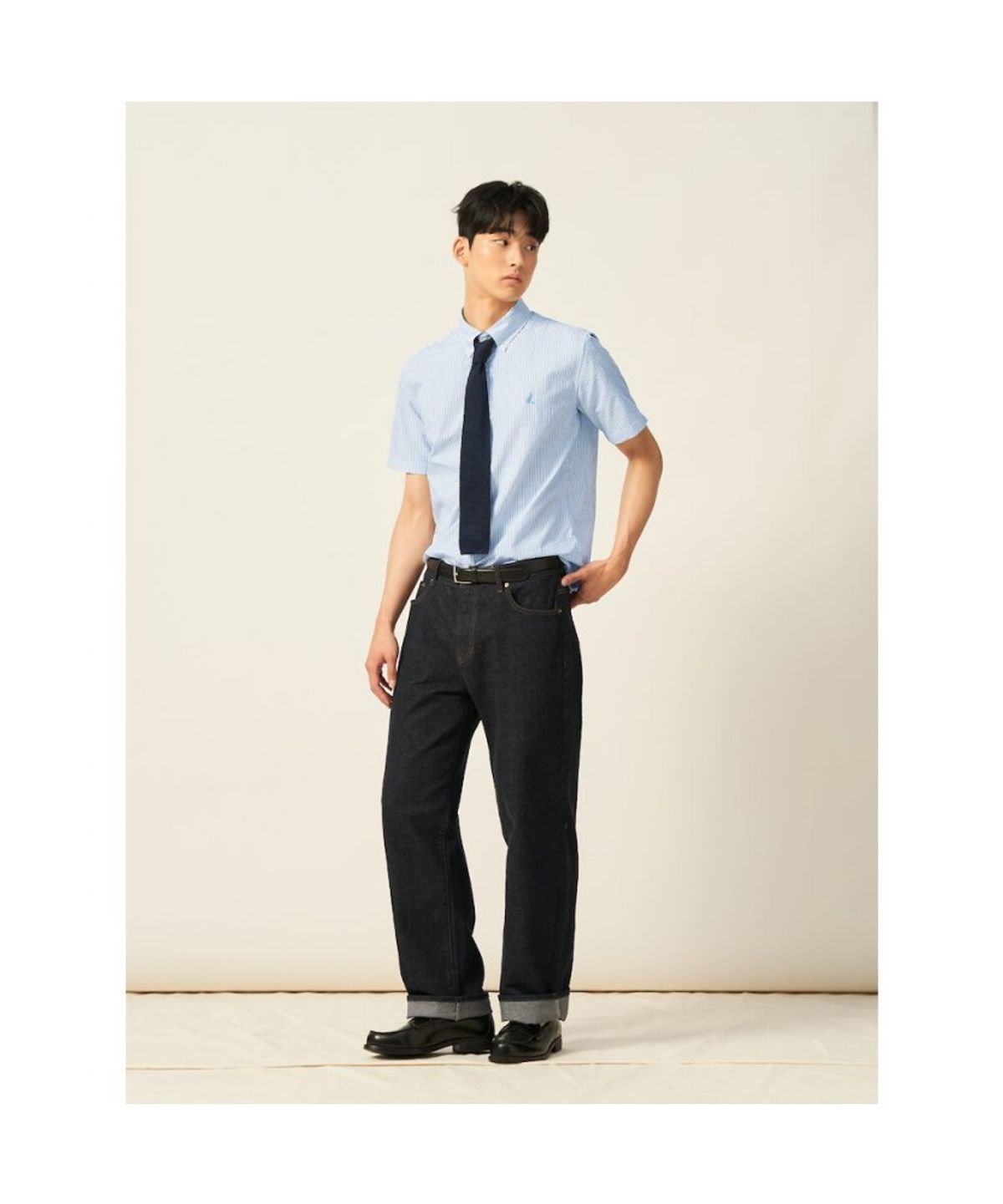 빈폴 멘(BEANPOLE MEN) 시어서커 스트라이프 반소매 셔츠  스카이 블루