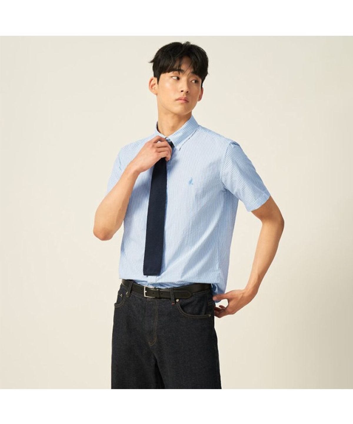 빈폴 멘(BEANPOLE MEN) 시어서커 스트라이프 반소매 셔츠  스카이 블루