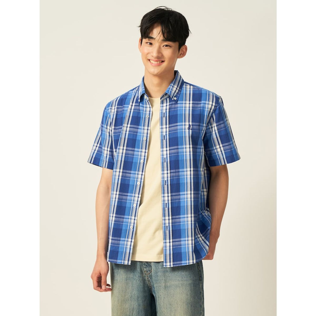 빈폴 멘(BEANPOLE MEN) 이지케어 빅체크 반소매 셔츠  블루