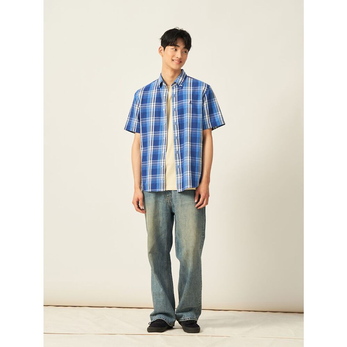 빈폴 멘(BEANPOLE MEN) 이지케어 빅체크 반소매 셔츠  블루
