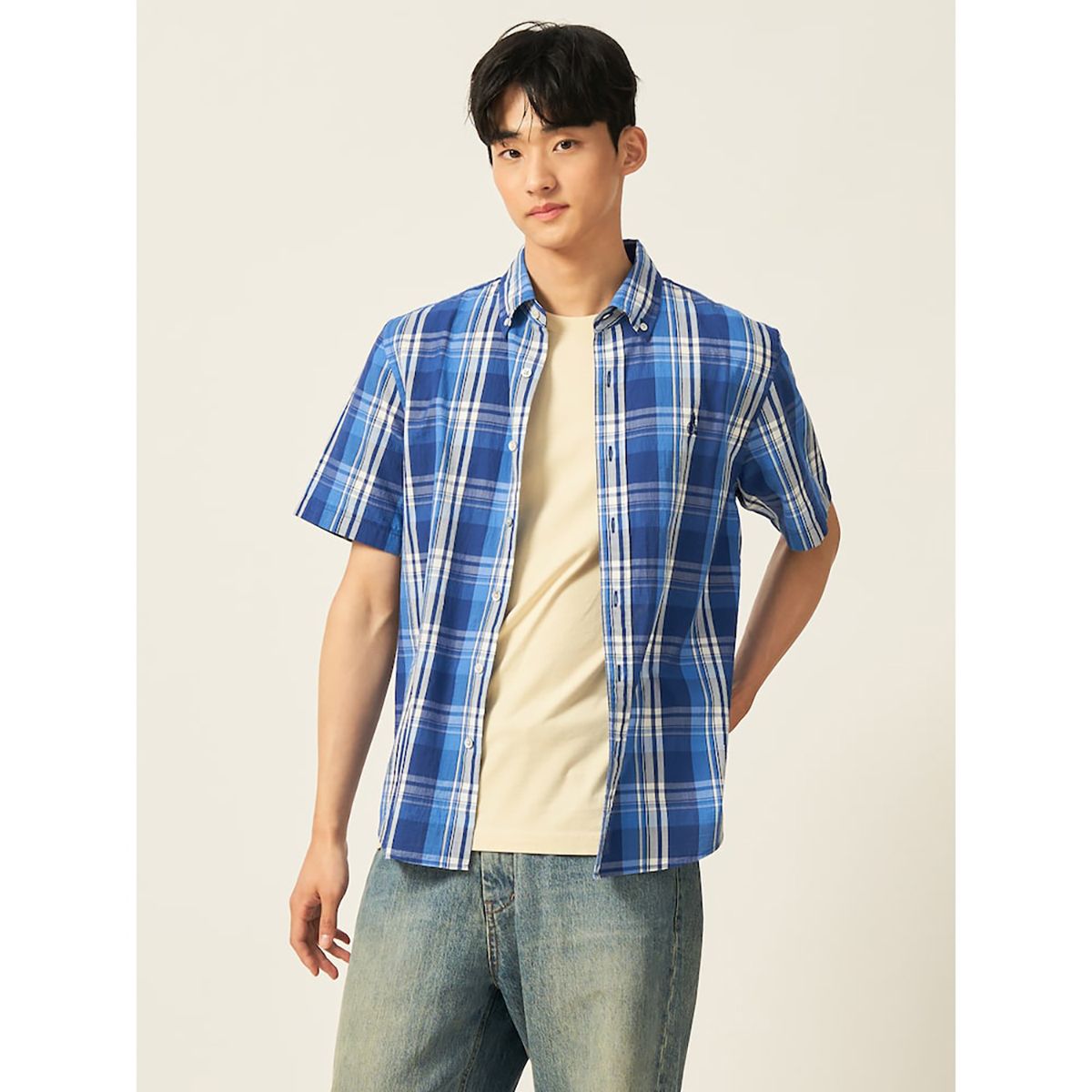 빈폴 멘(BEANPOLE MEN) 이지케어 빅체크 반소매 셔츠  블루