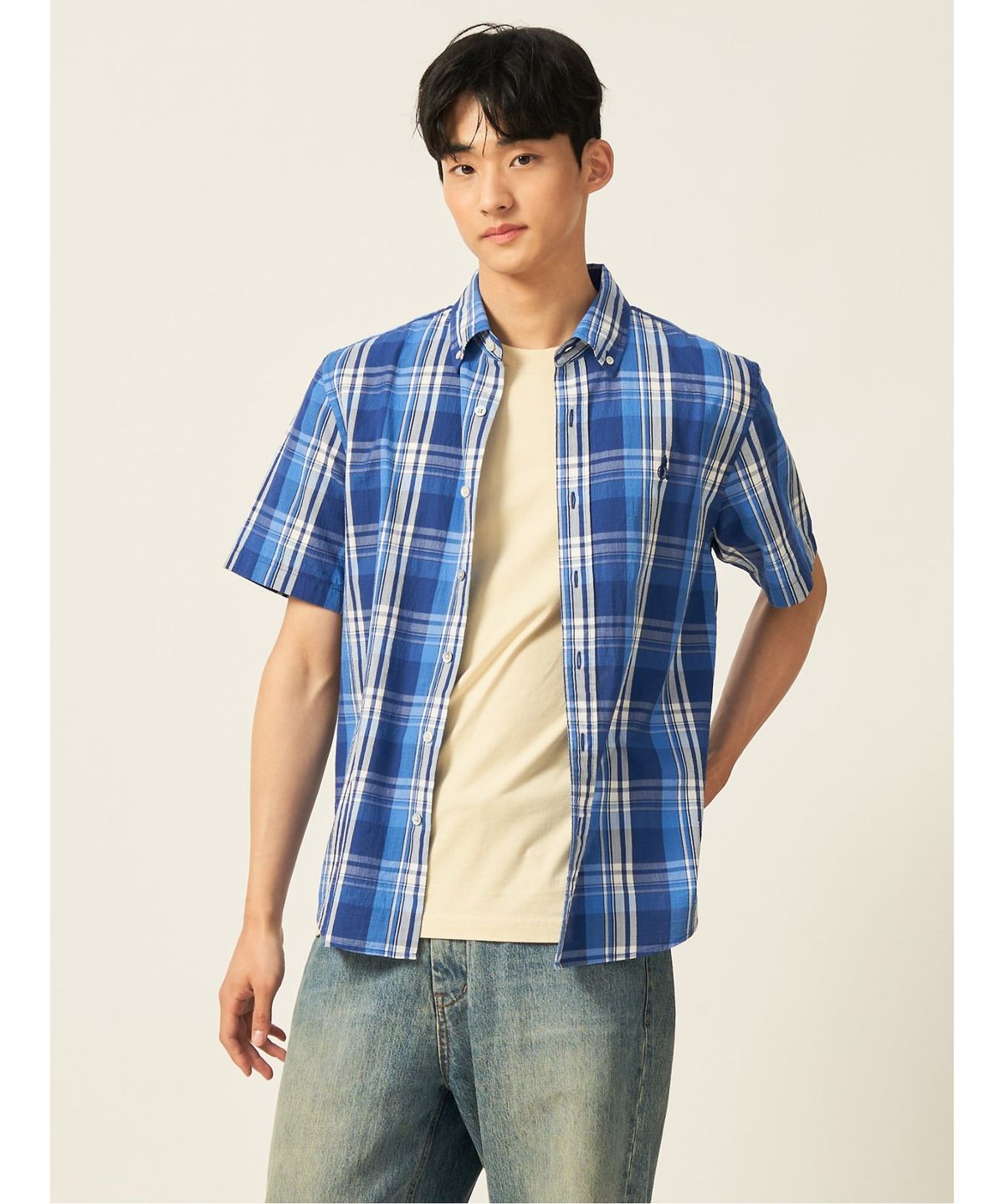 빈폴 멘(BEANPOLE MEN) 이지케어 빅체크 반소매 셔츠  블루