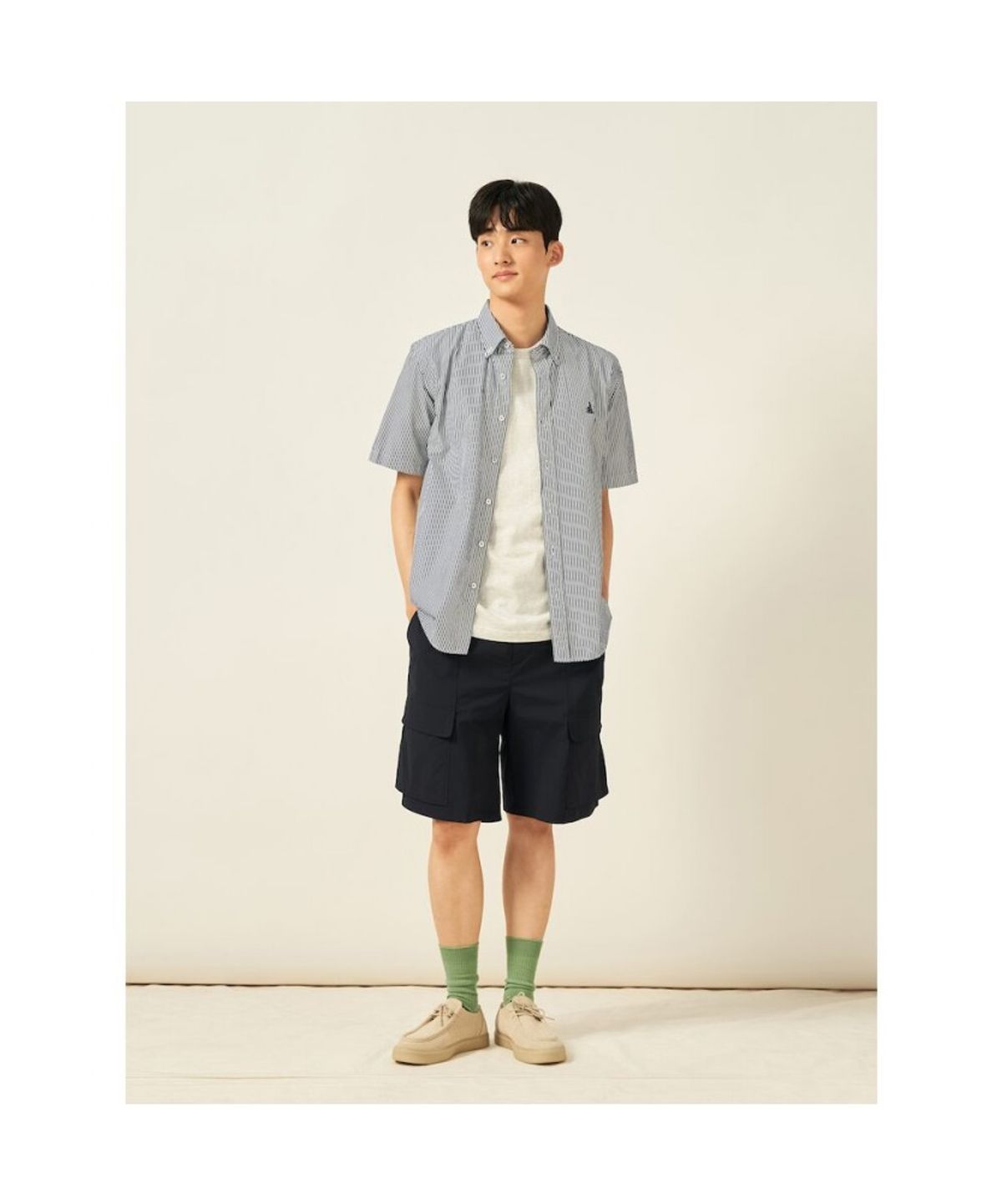 빈폴 멘(BEANPOLE MEN) 플레인 스트라이프 반소매 셔츠  그린