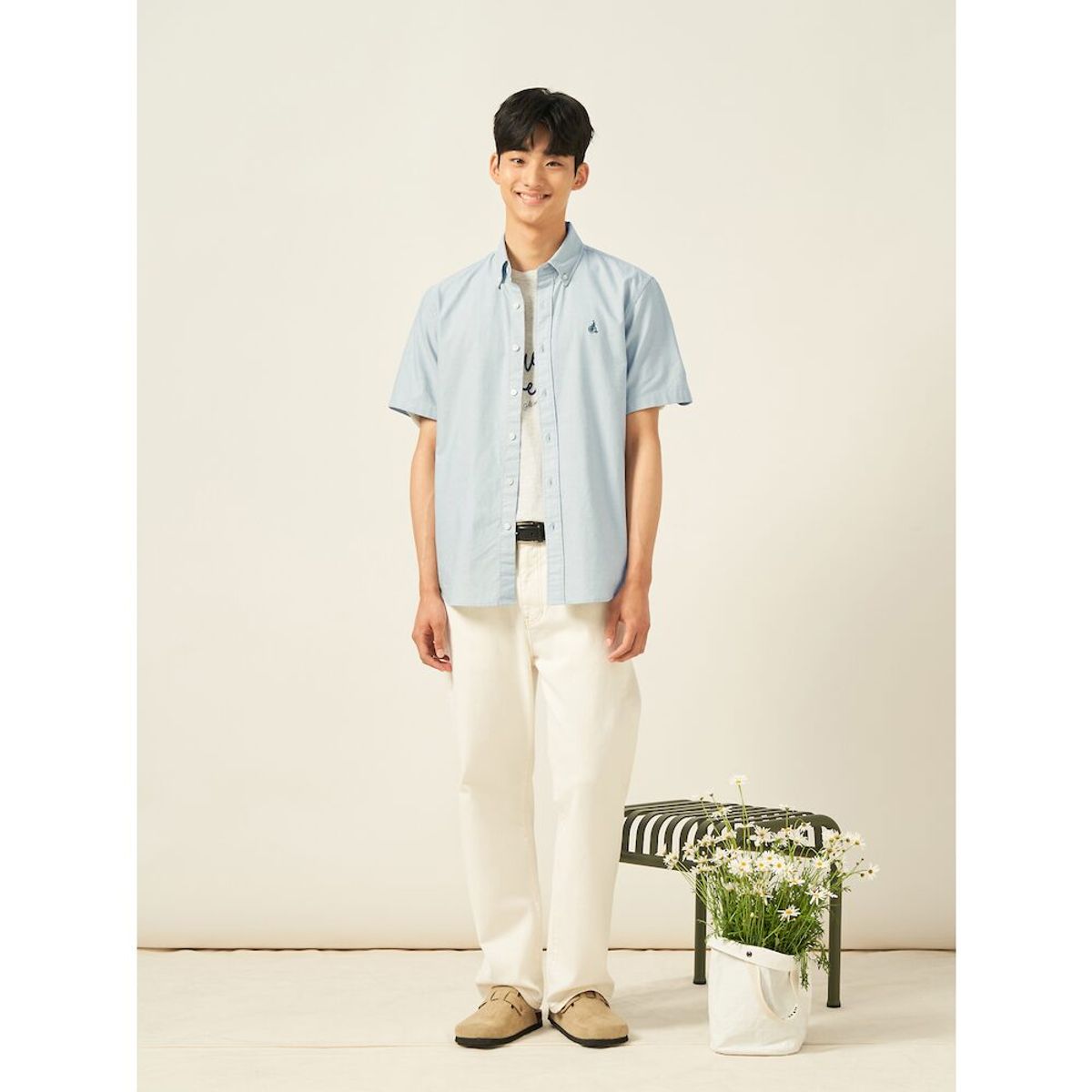 빈폴 멘(BEANPOLE MEN) 옥스퍼드 솔리드 반소매 셔츠  카키