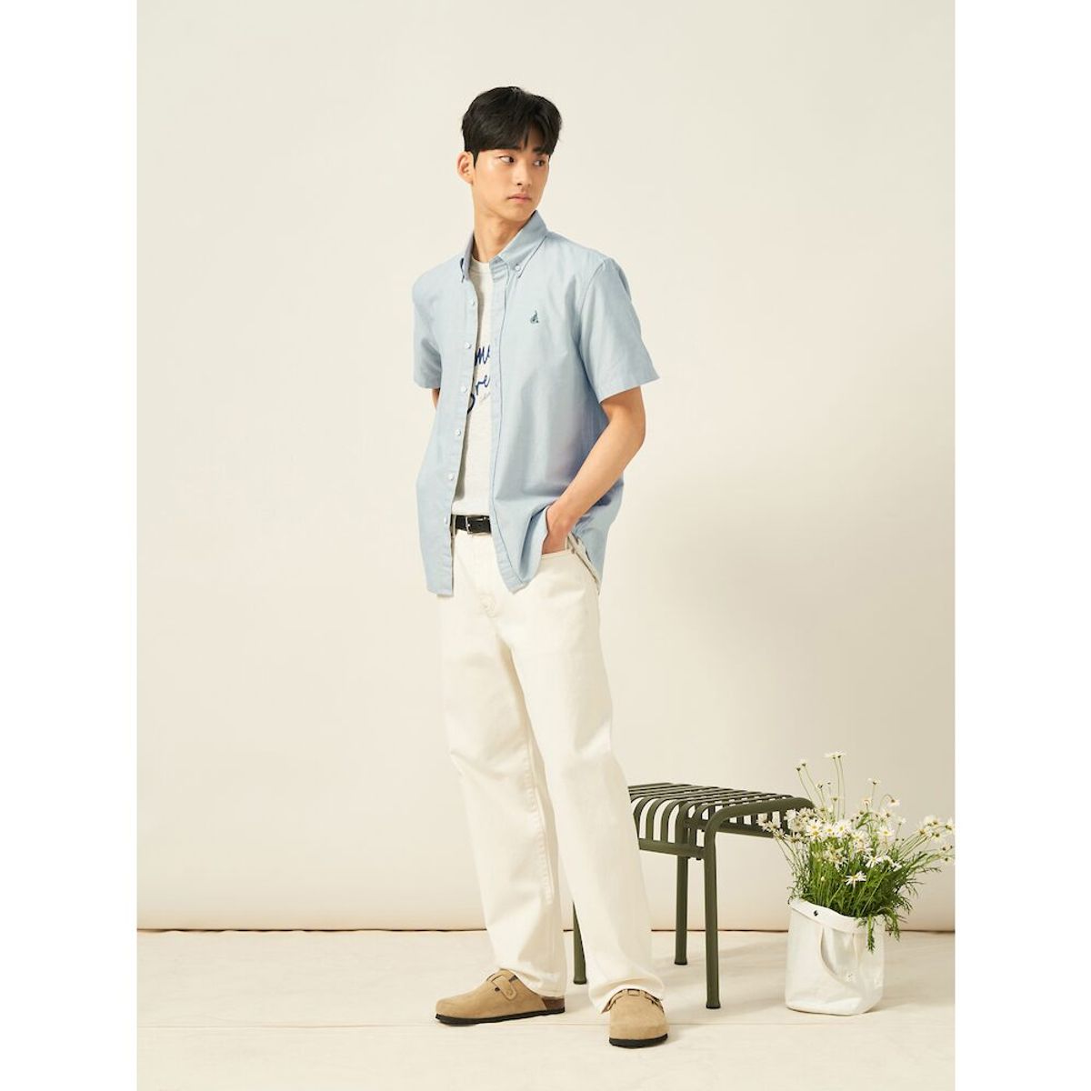 빈폴 멘(BEANPOLE MEN) 옥스퍼드 솔리드 반소매 셔츠  카키