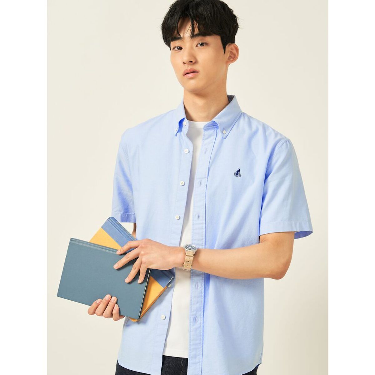 빈폴 멘(BEANPOLE MEN) 옥스퍼드 솔리드 반소매 셔츠  스카이 블루