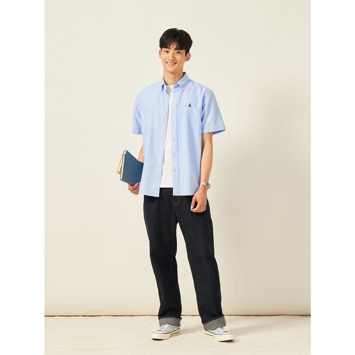 빈폴 멘(BEANPOLE MEN) 옥스퍼드 솔리드 반소매 셔츠  스카이 블루