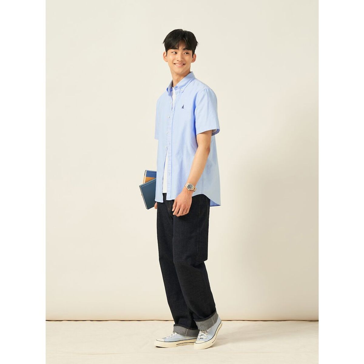 빈폴 멘(BEANPOLE MEN) 옥스퍼드 솔리드 반소매 셔츠  스카이 블루