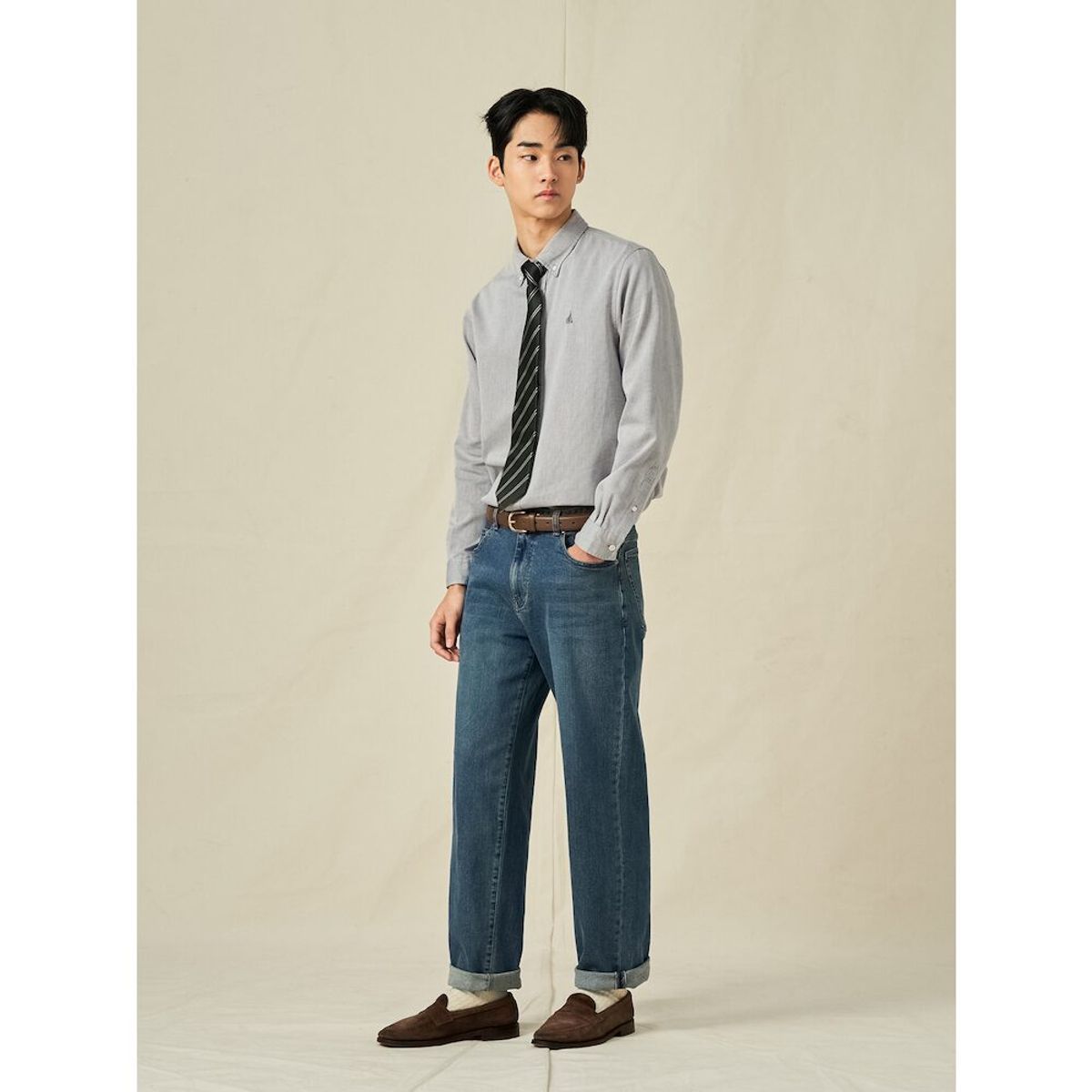 빈폴 멘(BEANPOLE MEN) 투톤 샴브레이 셔츠  애쉬
