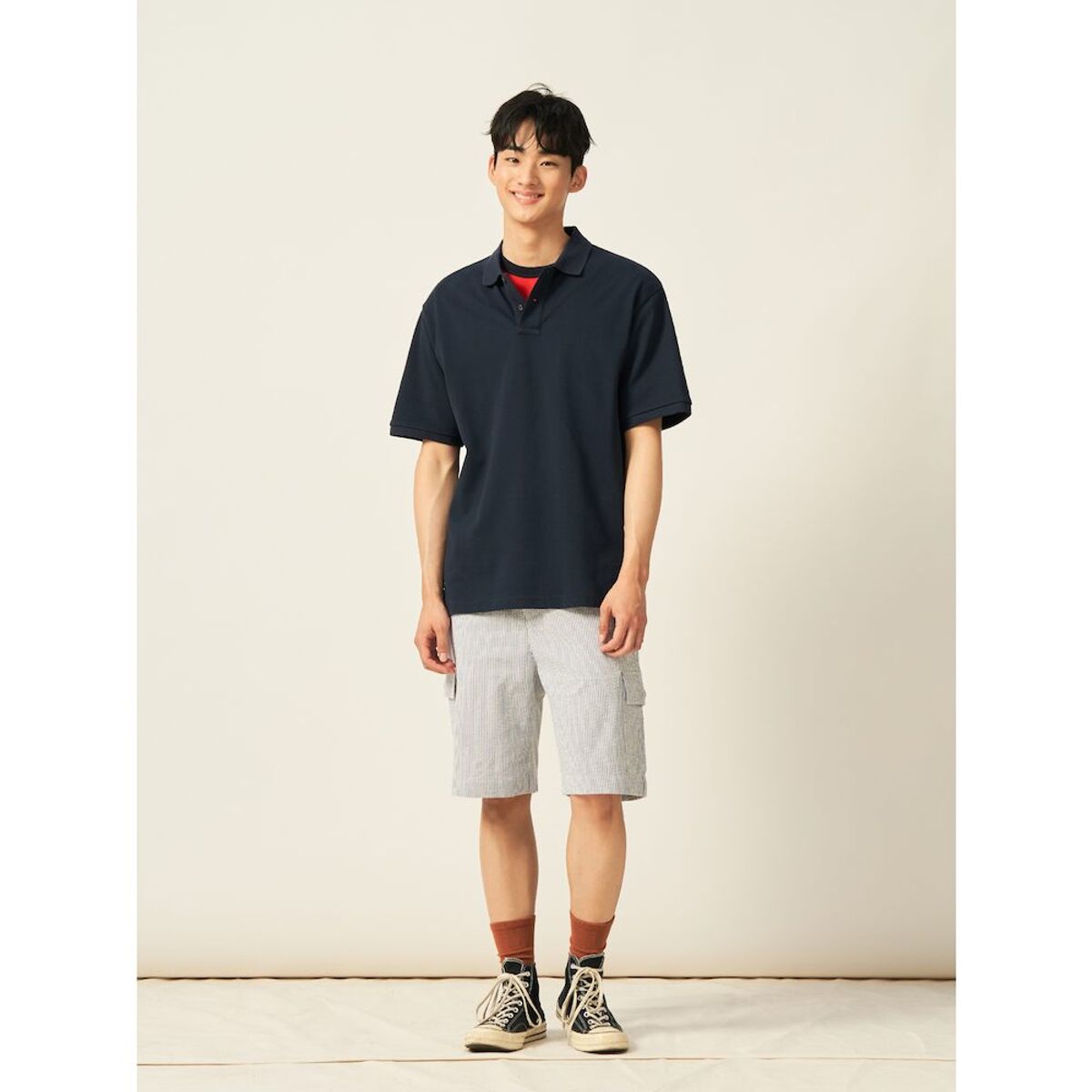 빈폴 멘(BEANPOLE MEN) 시어서커 스트라이프 하프 팬츠  네이비