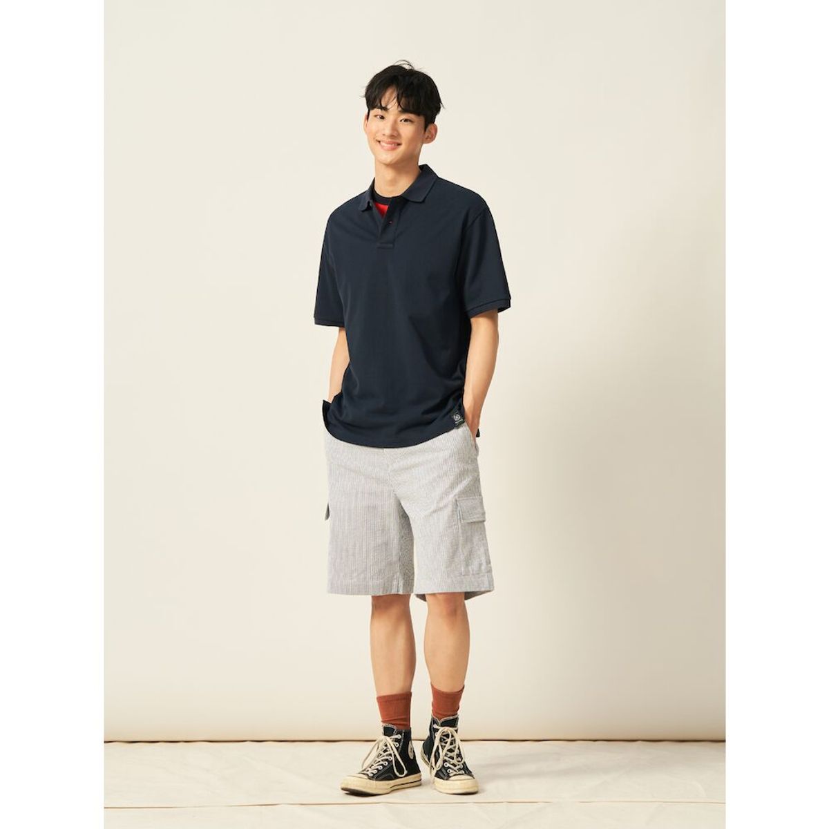 빈폴 멘(BEANPOLE MEN) 시어서커 스트라이프 하프 팬츠  네이비