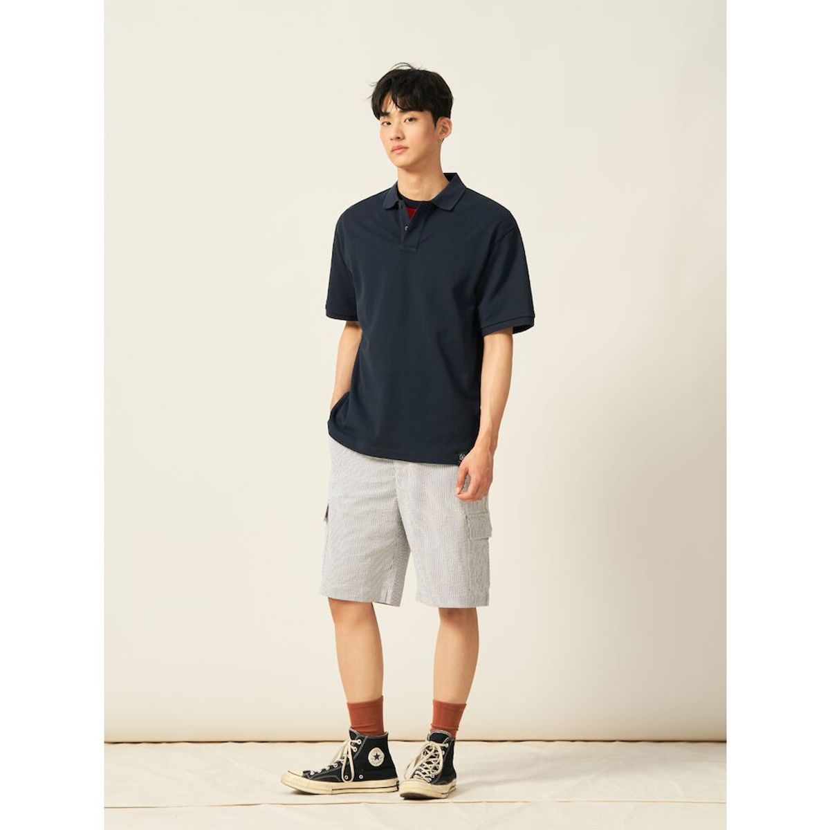 빈폴 멘(BEANPOLE MEN) 시어서커 스트라이프 하프 팬츠  네이비