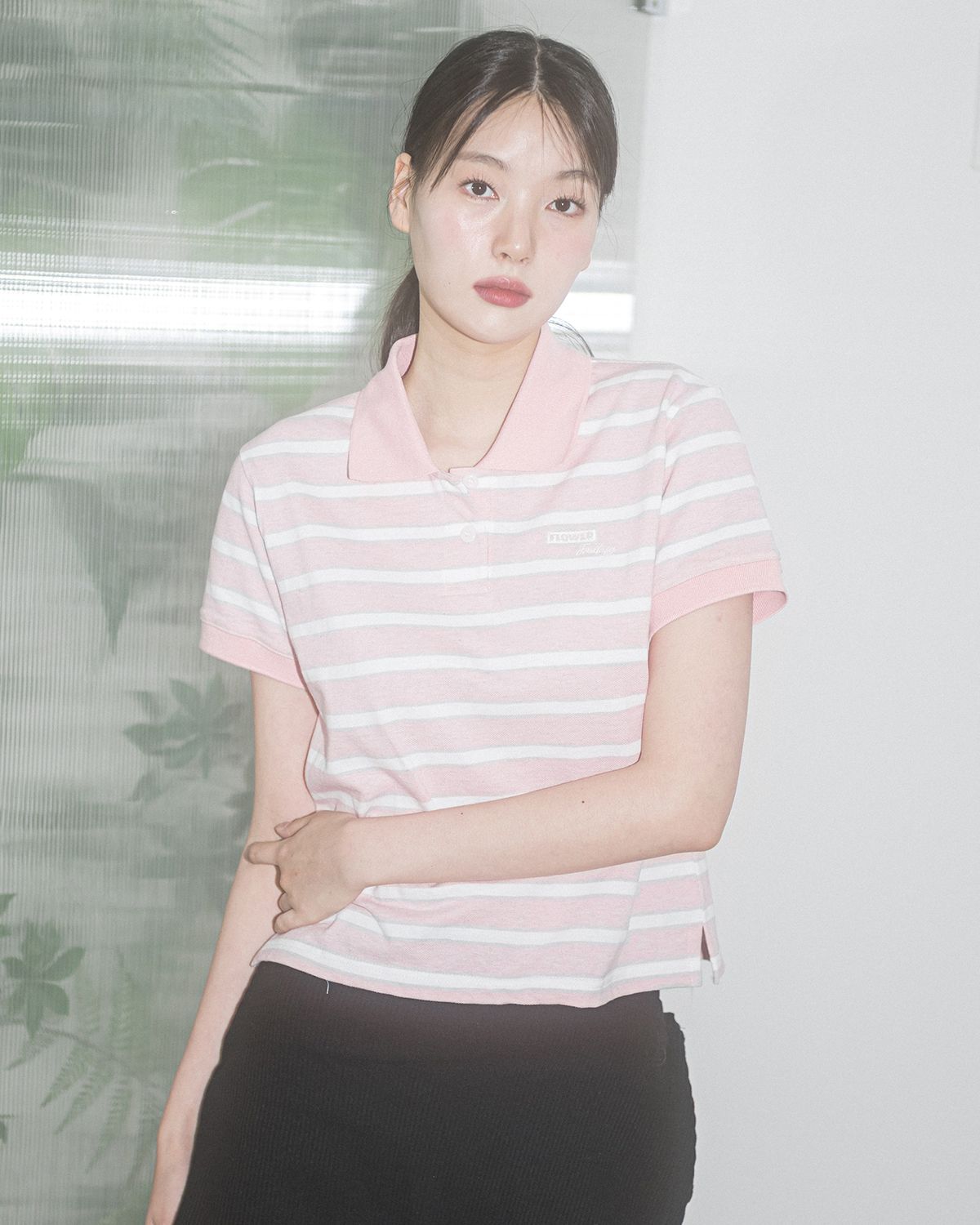 해비즘(HAVISM) W FF STRIPE PK COLLAR S/S TEE(PINK)