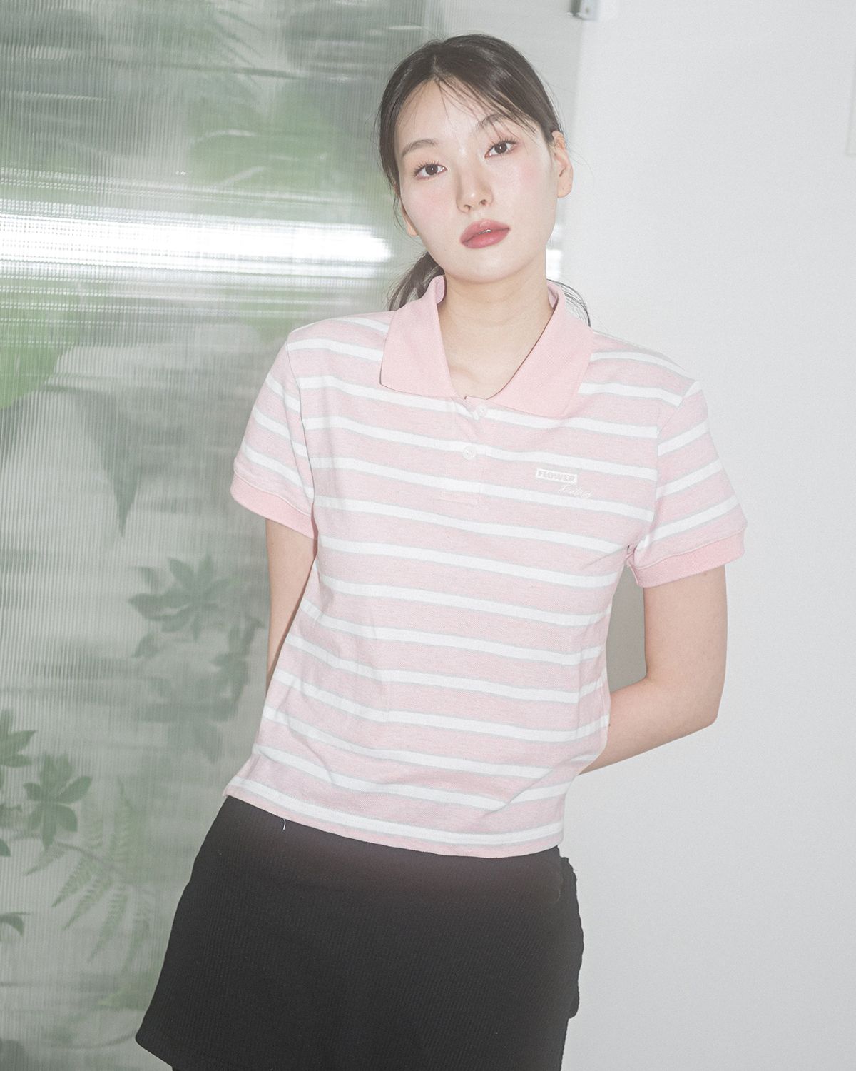 해비즘(HAVISM) W FF STRIPE PK COLLAR S/S TEE(PINK)