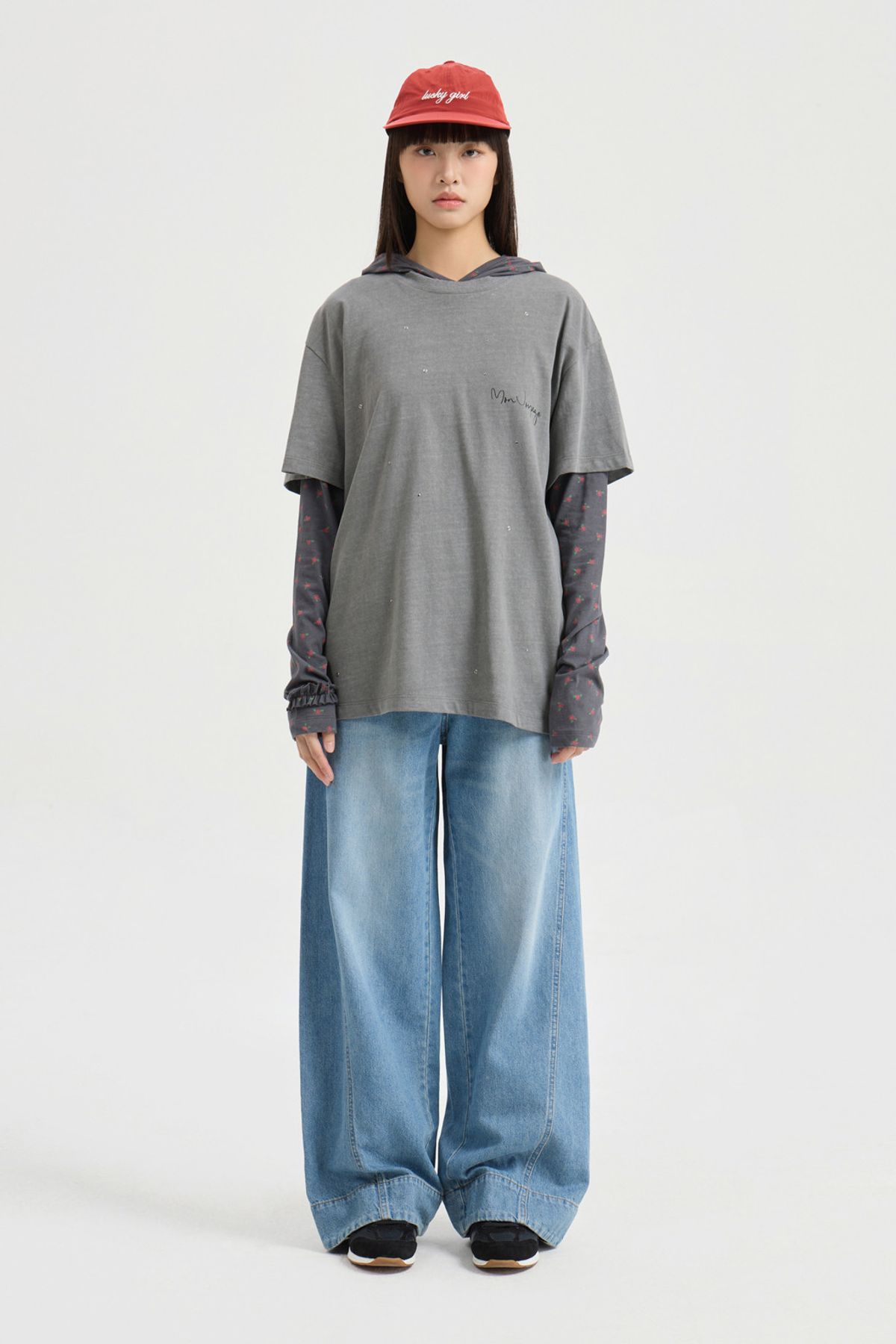 럭키슈에뜨(LUCKY CHOUETTE) Hotfix Point Half Sleeve T-shirt (grey) LFTAM25340GYX