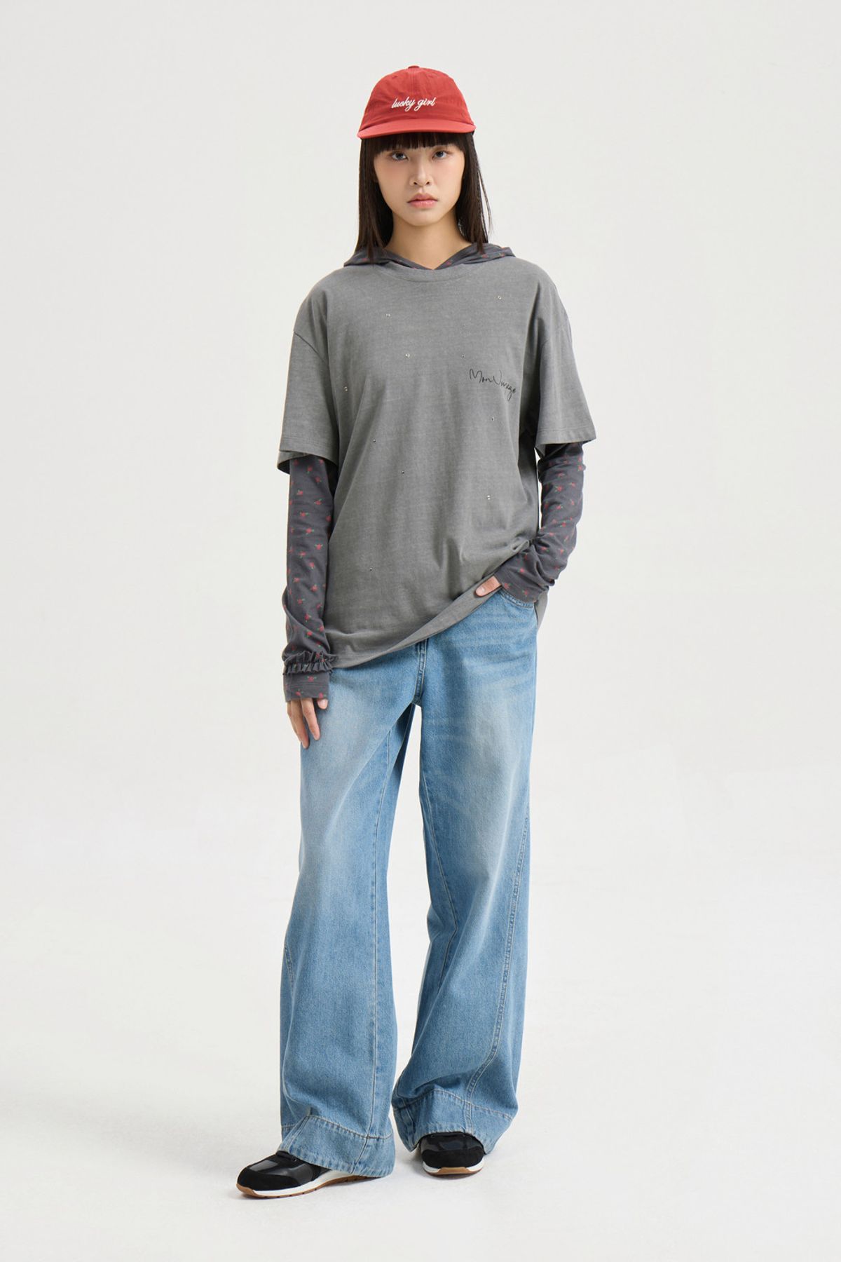 럭키슈에뜨(LUCKY CHOUETTE) Hotfix Point Half Sleeve T-shirt (grey) LFTAM25340GYX