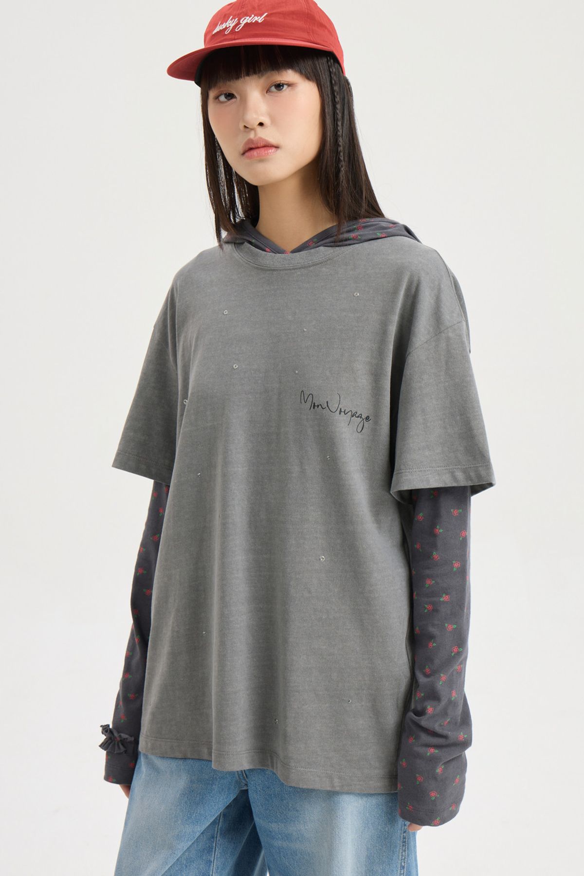 럭키슈에뜨(LUCKY CHOUETTE) Hotfix Point Half Sleeve T-shirt (grey) LFTAM25340GYX