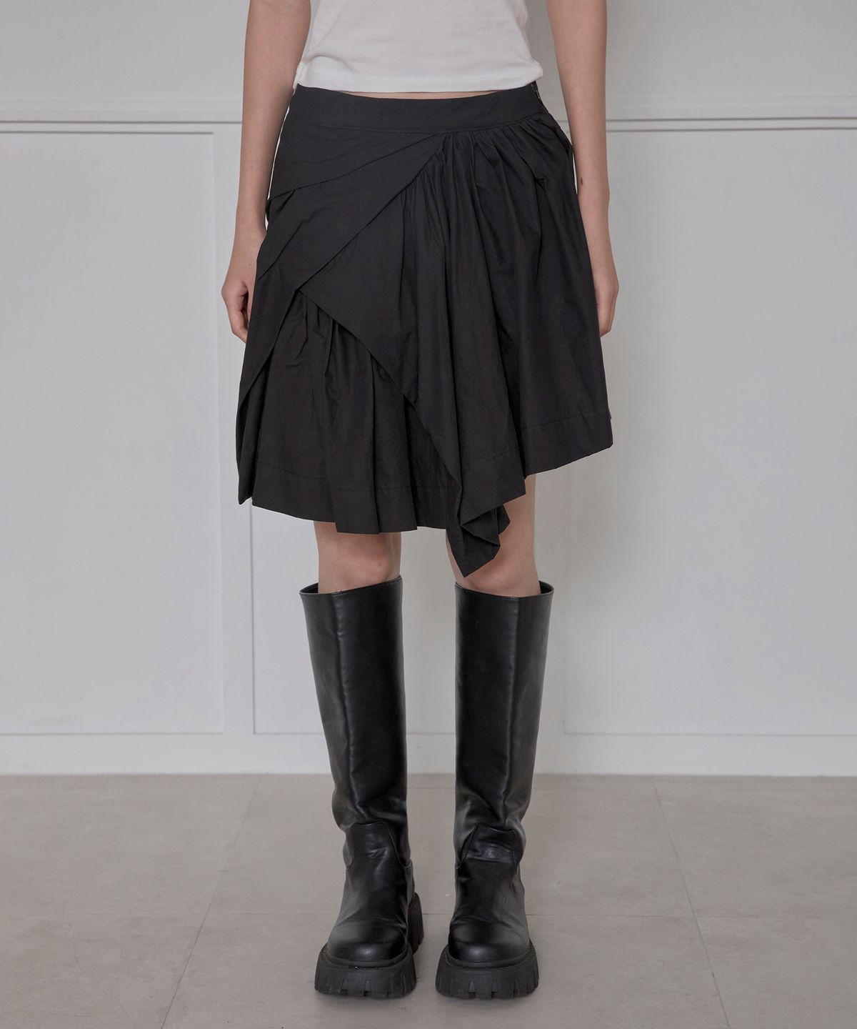 플레어업(FLAREUP) Asymmetrical Draped Layered Skirt (FL-252_Black)