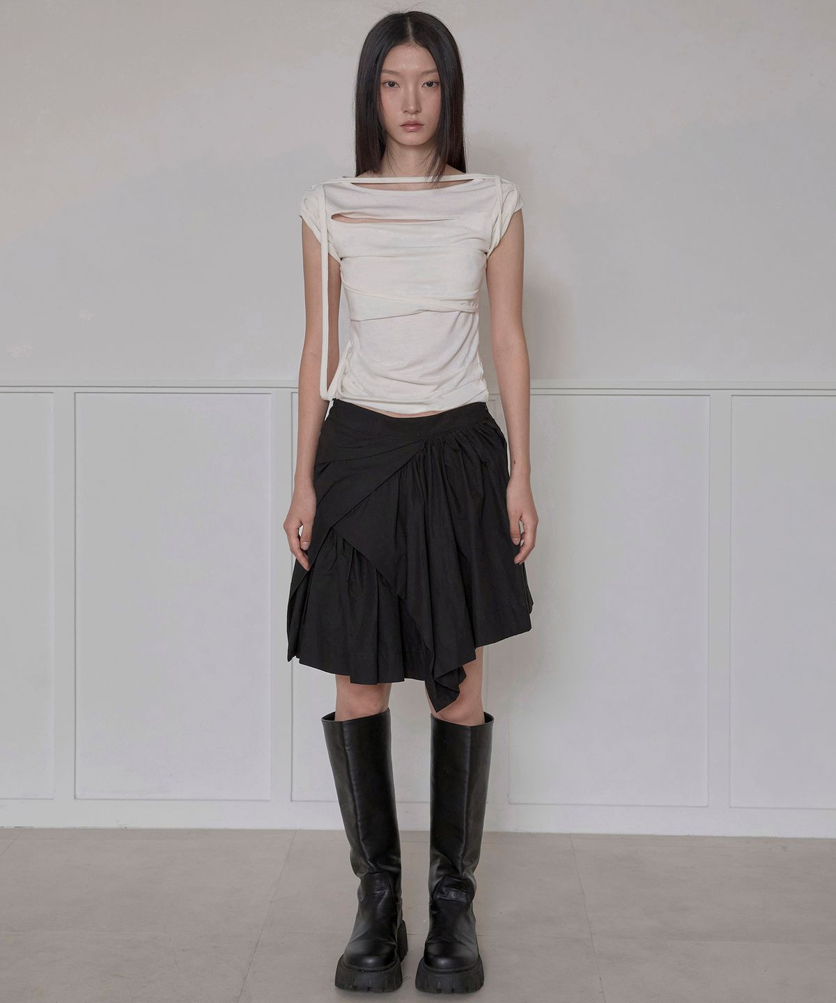 플레어업(FLAREUP) Asymmetrical Draped Layered Skirt (FL-252_Black)