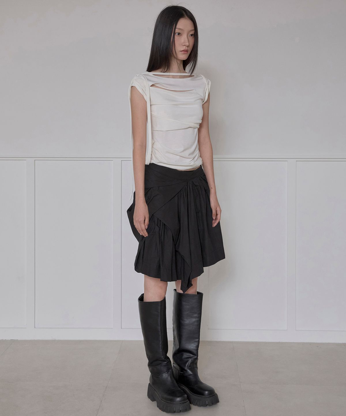 플레어업(FLAREUP) Asymmetrical Draped Layered Skirt (FL-252_Black)
