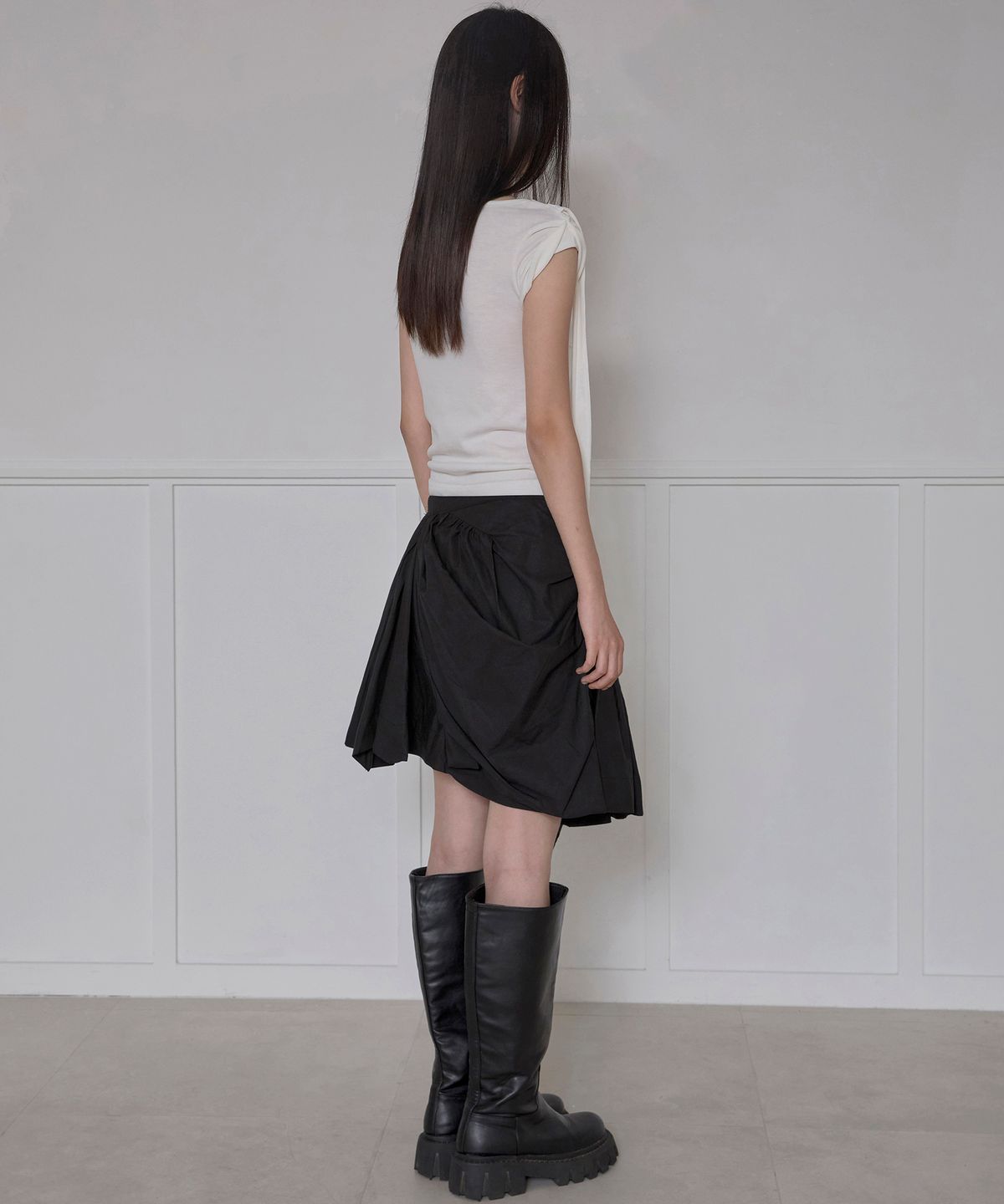 플레어업(FLAREUP) Asymmetrical Draped Layered Skirt (FL-252_Black)