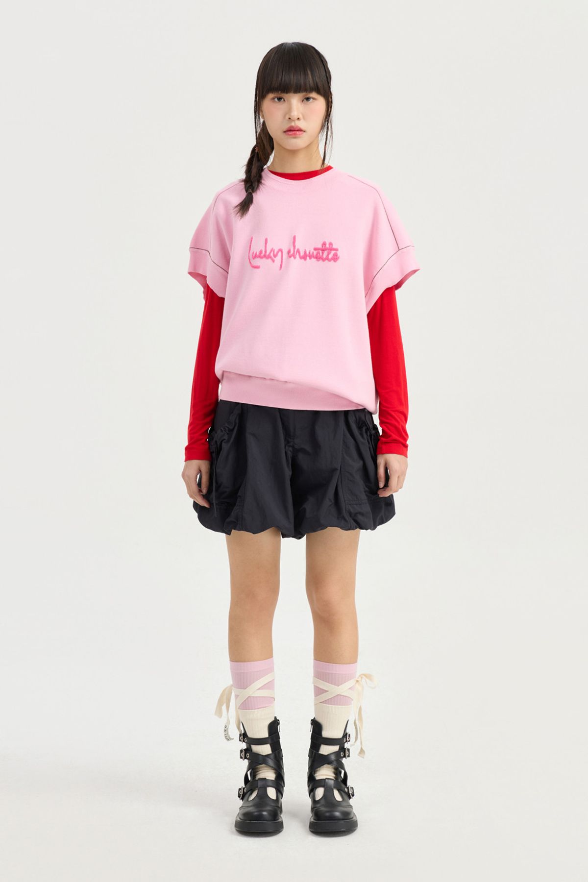 럭키슈에뜨(LUCKY CHOUETTE) Letter Point Pullover (light pink) LFWAM25410PIL