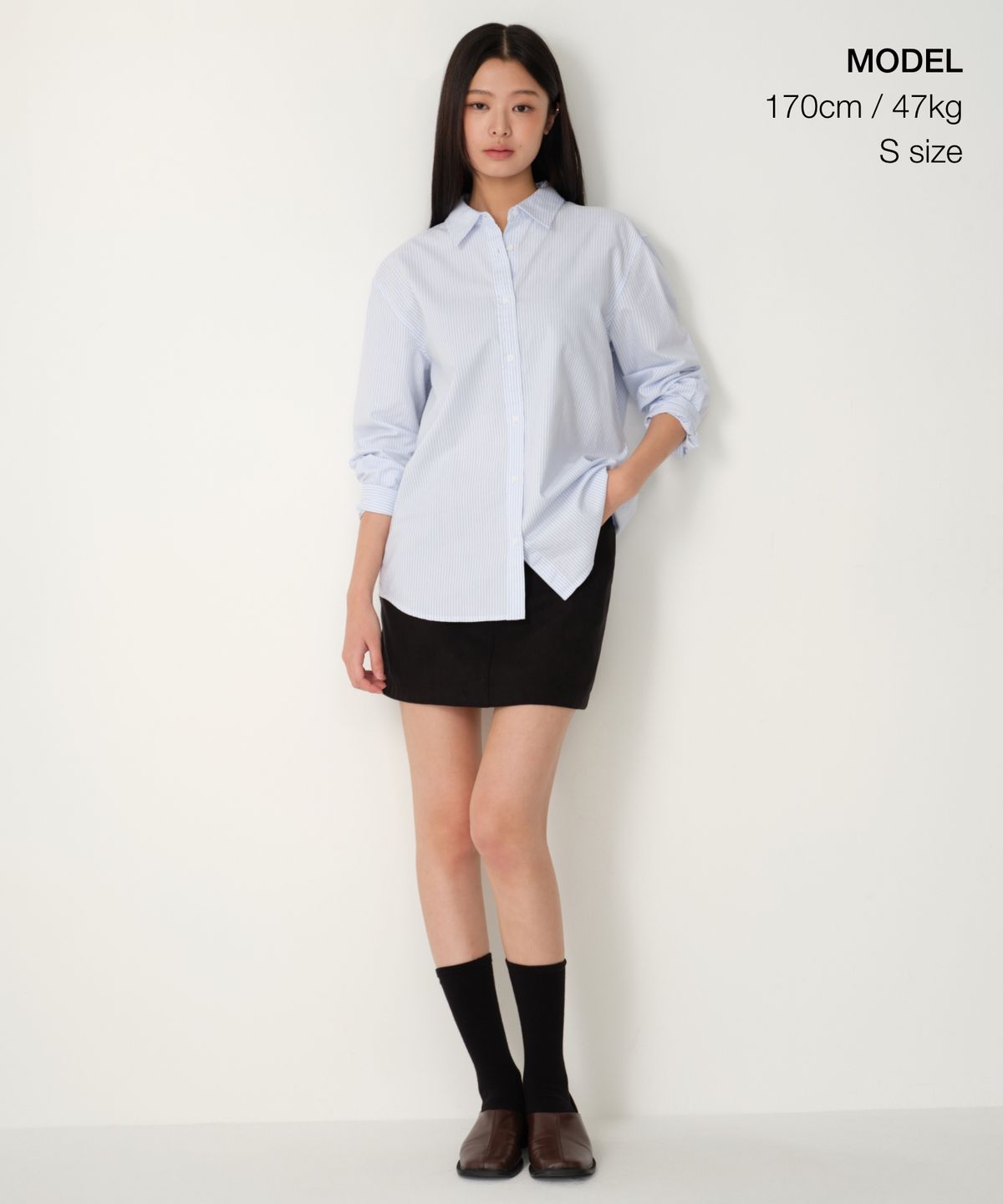 무신사 스탠다드 우먼(MUSINSA STANDARD WOMAN) 우먼즈 스트라이프 릴렉스드 옥스포드 셔츠 [화이트/스카이 블루]